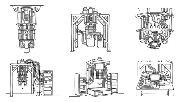 quantum computer , six black Continuous Line Art (Single Line) vector set collection , white background , PNG and SVG