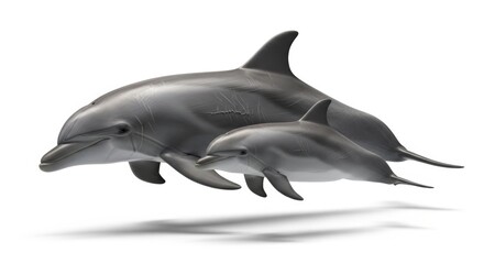 Obraz premium Two Dolphins Swimming Together Isolated on White Background