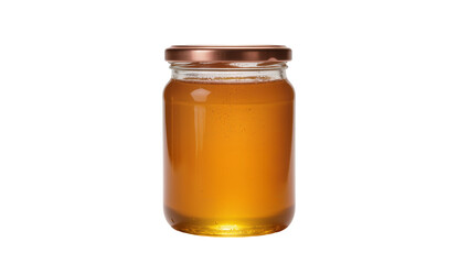 Glass jar filled with golden honey sealed with a copper lid, isolated on transparent background © Carlos