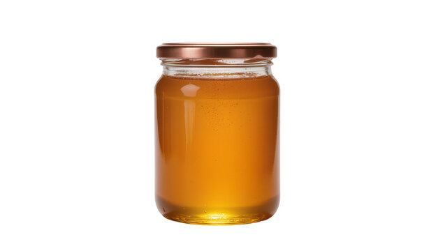 Glass jar filled with golden honey sealed with a copper lid, isolated on transparent background