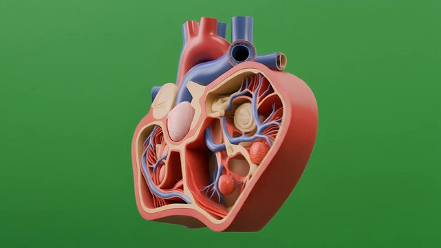 3D animated human heart cross section rotating on green background.