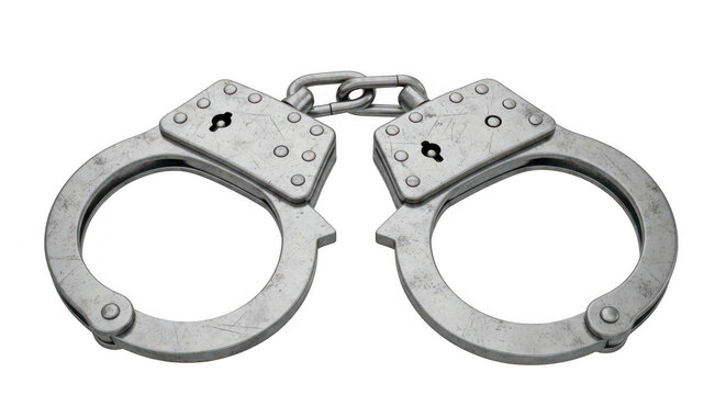 A pair of metal handcuffs with a chain link isolated on transparent background