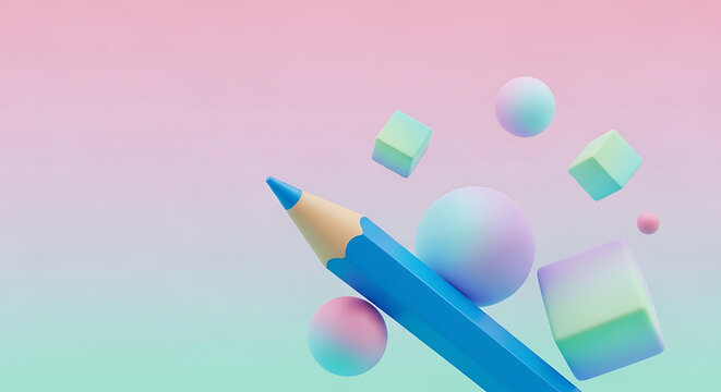 A colorful blue pencil floats in mid-air surrounded by pastel shapes on a soft pink and green background, Back to school, copy space