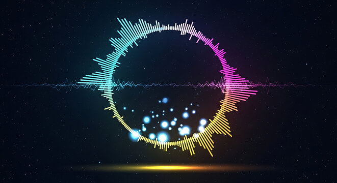 Circular audio spectrum visualizer with neon blue and pink frequency bars on dark starry background for music production podcast concept or electronic dance music track visualizer and audio wave