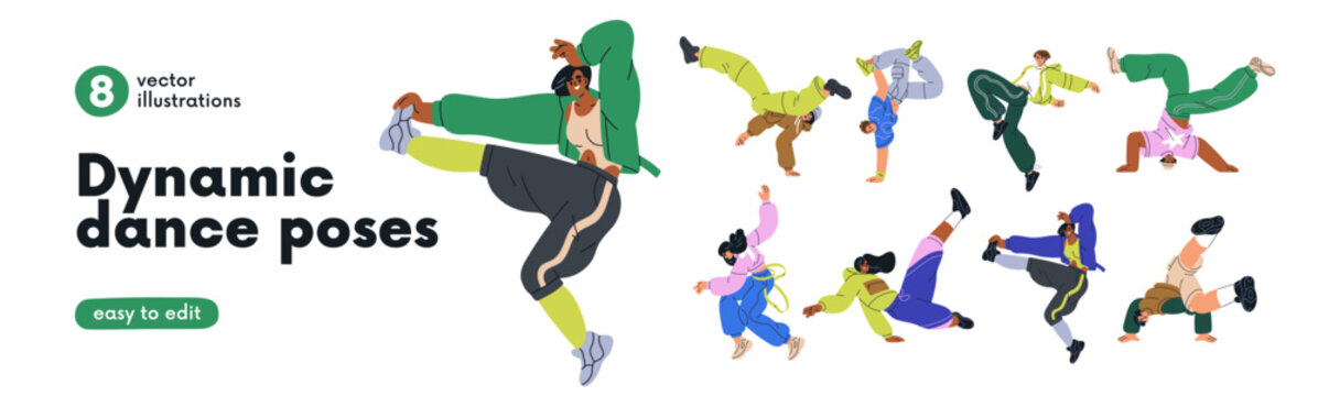 Cool dancers perform hip-hop, breakdance moves set. Young people dancing to street style music. B-boys and girls in dynamic poses, urban culture. Flat vector illustration isolated on white background