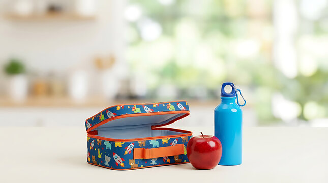 Back to school, colorful lunchbox with apple and water bottle on kitchen counter, copy space for advertisement or educational material