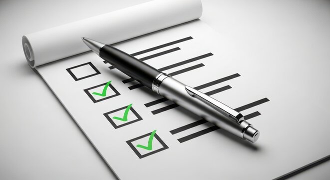 Checklist with green checked boxes and pen on desk