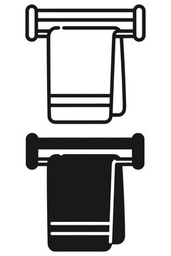 bath towel rack icon set with hanging towel in line, outline and solid style, bathroom accessory symbol, minimal vector design, clean pictogram for home, hygiene, interior design applications.