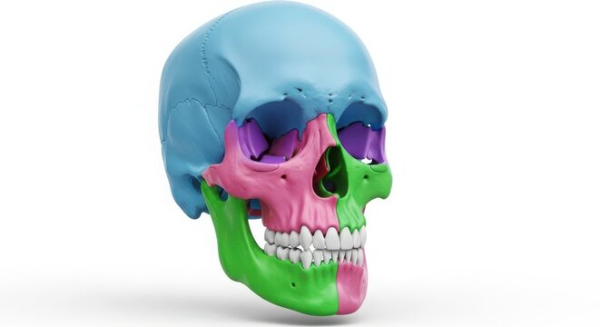 highly detailed anatomical human skull model with colored sections