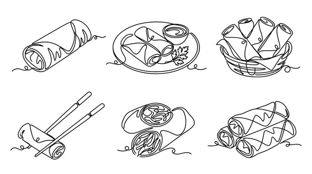 spring roll , six black Continuous Line Art (Single Line) vector set collection , white background , PNG and SVG