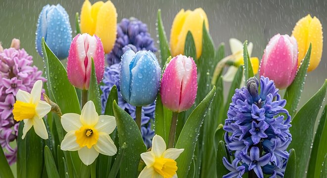 A colorful bouquet of spring flowers including tulips, daffodils, and hyacinths in bloom. april showers flowers. april showers flowers