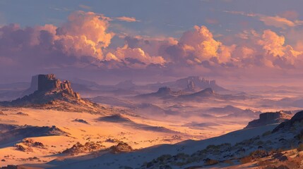 Naklejka premium Otherworldly desert horizon: windswept dunes and distant mesas under a hazy dust storm