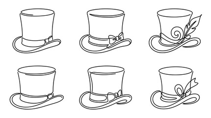 Fototapeta premium top hat , six black Continuous Line Art (Single Line) vector set collection , white background , PNG and SVG