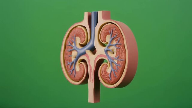 3D rotating cross section of human kidneys showing anatomy.