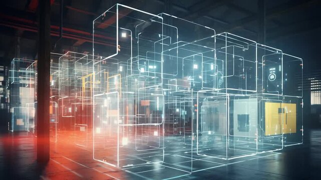 Digital data processing grids forming an interconnected network within a warehouse, conceptualizing advanced technology and artificial intelligence in a modern industrial setting