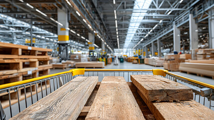 Obraz premium Low-angle shot from shopping cart showing wooden planks and store interior in a warehouse during daytime shopping hours
