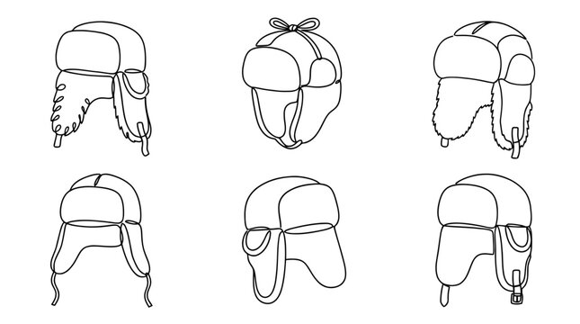 ushanka , six black Continuous Line Art (Single Line) vector set collection , white background , PNG and SVG