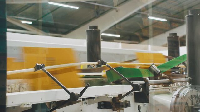 Highspeed conveyor system for cardboard in factory. Corrugated sheets are moved along guide arms in plant. Modern packaging facility uses conveyor belts to transport corrugated sheets efficiently