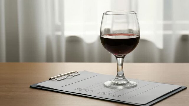 Glass of red wine on clipboard with pen
