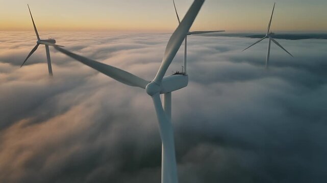 Aerial drone view of wind turbines above sea of clouds at sunrise.