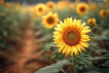 Obraz premium A vibrant yellow sunflower stands out in focus amidst a blurred field of flowers