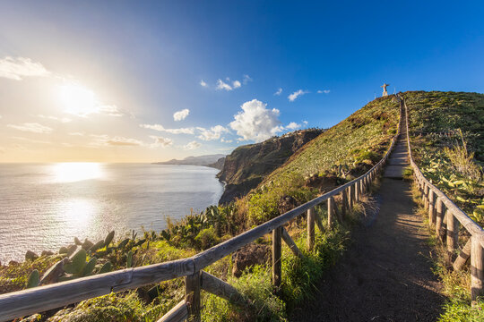 Stairs to Cristo Rei viewpoint in Cani�o overlooking Madeira coastline