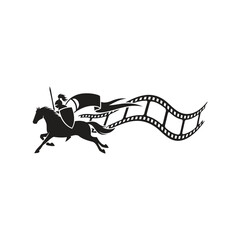 Fototapeta premium Logo Knight on Horseback With Flowing Film Strip Banner Symbolizing Movie and Medieval Adventure.