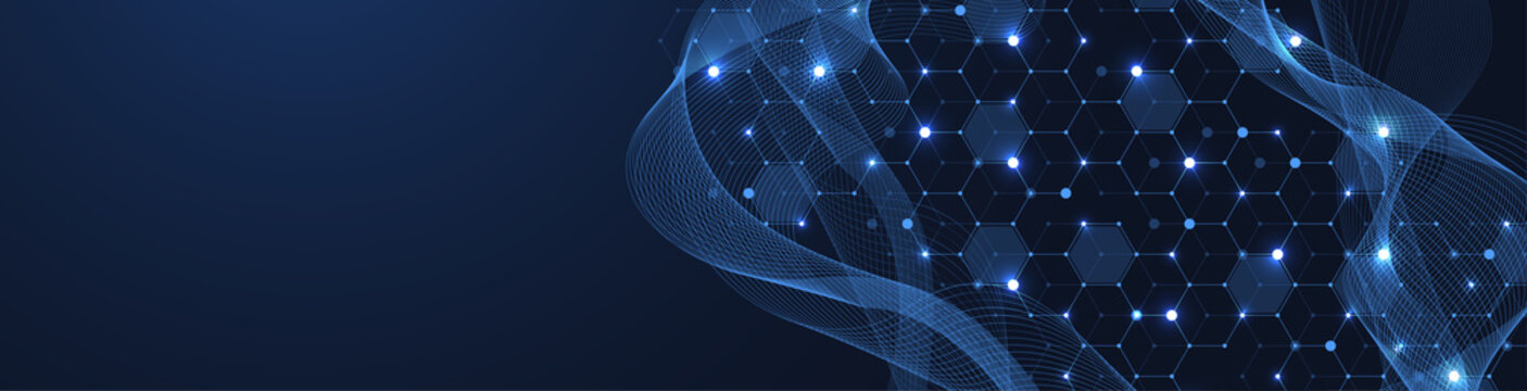 Molecular abstract structure and genetic engineering DNA. Healthcare and medicine background concept. Scientific research background. Wave flow. Innovation pattern, illustration.