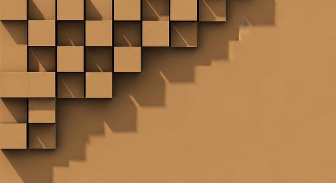 Abstract geometric background with stacked, staggered brown cubes casting shadows, creating a textured pattern with a sense of depth and minimalism