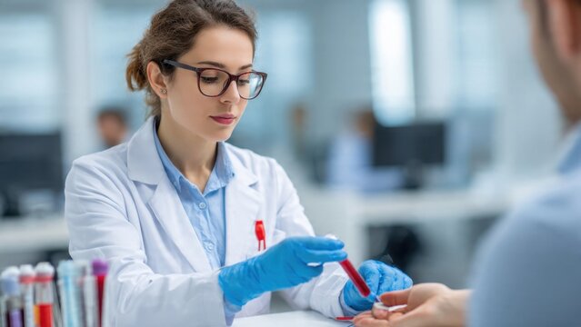 Female medical professional in lab coat and gloves examining a blood sample tube in a modern laboratory, symbolizing medical research, diagnostics, and healthcare.