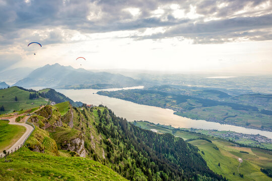 Paragliding over Mount Rigi with view of Lucerne and Lake Lucerne