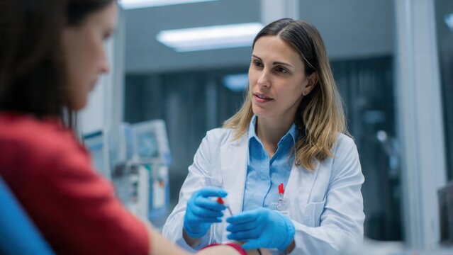 Female doctor in lab coat and blue gloves prepares for a blood test or injection for a patient, explaining the procedure in a modern medical clinic.