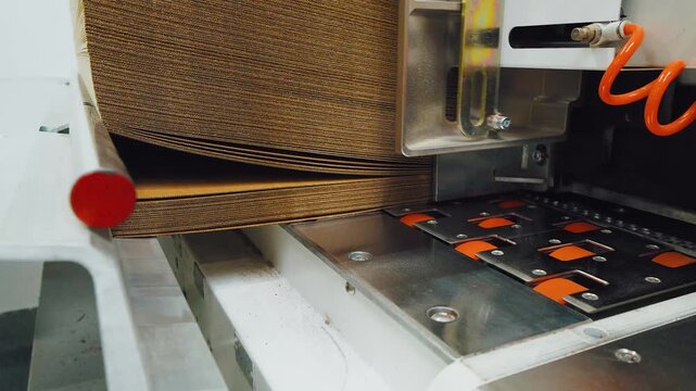 Automated packaging with conveyor system. Efficient cardboard feeding in hightech packaging environment. Precision machinery assembling boxes on advanced industrial conveyor line for shipping