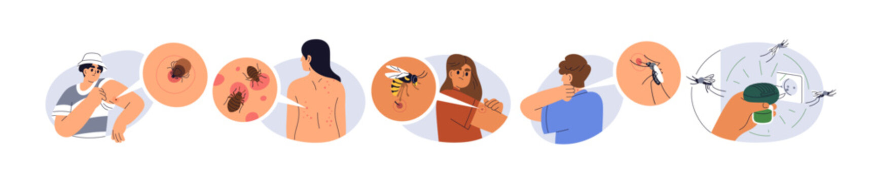 Insect bites set. People with allergy, itchy skin, rash, red marks, spots from mite, bed bug, wasp, mosquito. Scratching redness, ticks, itch. Flat vector illustrations isolated on white background