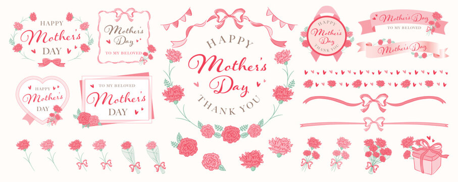 母の日のリボンとカーネーションのナチュラルおしゃれな手書きフレーム_花束、プレゼントのイラスト、リボン帯等