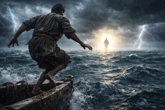 Peter reaches for Jesus walking on stormy waters amidst lightning and rain.