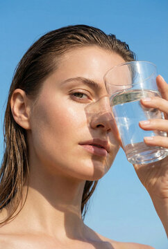 Close-up portrait of a young woman with wet hair holding a glass of pure water near her face against a clear blue sky background.