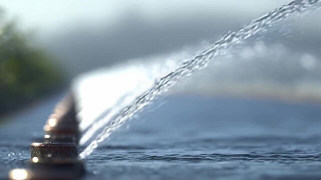 Multiple water jets continuously flow, creating graceful streams and splashes over a reflective surface, symbolizing refreshment, movement, and outdoor beauty
