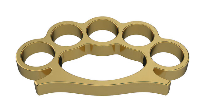 A single gold metal knuckle duster with four finger holes on a clean transparent background isolated on a transparent background