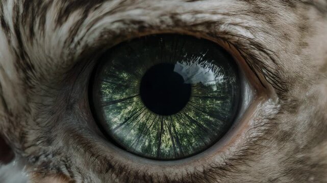 Close-up view of an owl's eye showcasing intricate details and vibrant colors, revealing reflections of trees and nature in the iris, emphasizing the beauty of wildlife