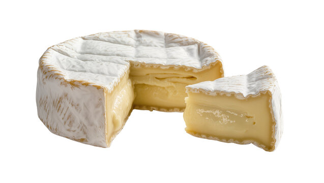 Round brie cheese with a slice cut out, isolated on transparent background