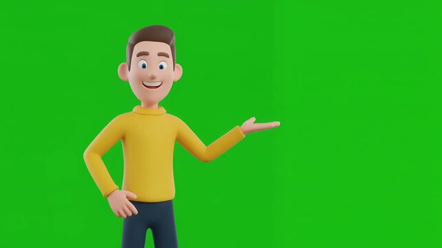 Cheerful 3d cartoon man presenting on green screen.