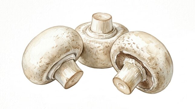 Hand-drawn watercolor illustration of fresh white button mushrooms isolated on a clean white background for culinary use