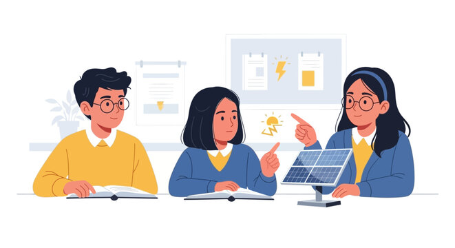 Group of diverse students collaborating on a science project with solar panel model. EPS Editable. Vector Illustrations.