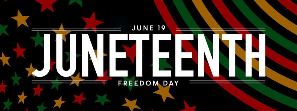 USA Juneteenth banner, Freedom Day text, US flag background