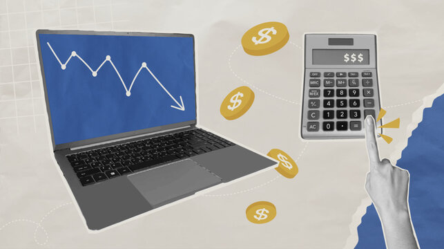 Investment losses and financial crisis. Hand calculates losses on calculator in halftone collage style. Laptop screen showing stock market trading decline chart. Vector template.