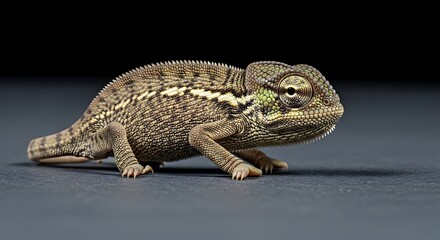 Naklejka premium Detailed Studio Shot of a Brown Chameleon on a Dark Surface.