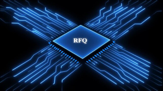 R F Q Request for Quote Circuit Board Microchip with Glowing Blue Lines on Black Background Technology Concept for Business Finance and Engineering Applications. Technology and network concept. 