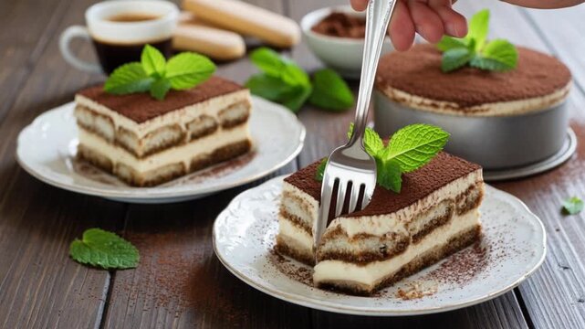 Plating a portion of layered coffee-flavored cream cake with cocoa powder, traditional chilled dessert on a rustic wooden table with a cup of coffee.
