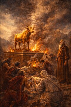 Worship of the golden calf &mdash; biblical scene with people prostrating before an idol on an altar surrounded by fire and smoke, with a prophet standing aside